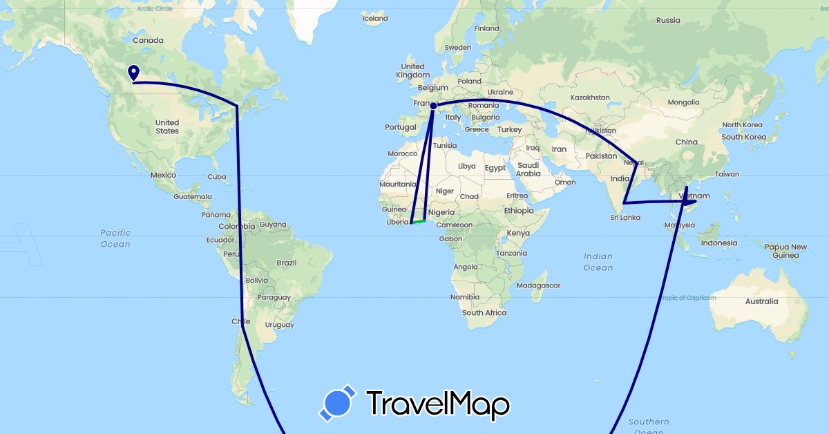 TravelMap itinerary: driving, bus in Canada, Côte d'Ivoire, Chile, France, India, Cambodia, Nepal, Togo, Thailand, Vietnam (Africa, Asia, Europe, North America, South America)